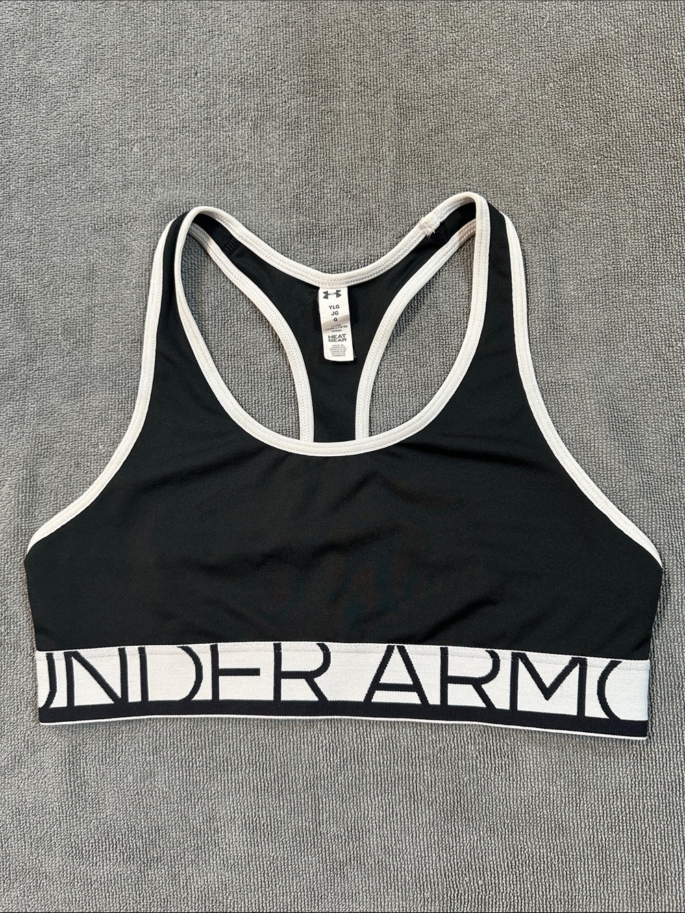 Girl’s Under Armour Black with White Trim Racerback Sports Bra - Youth Large